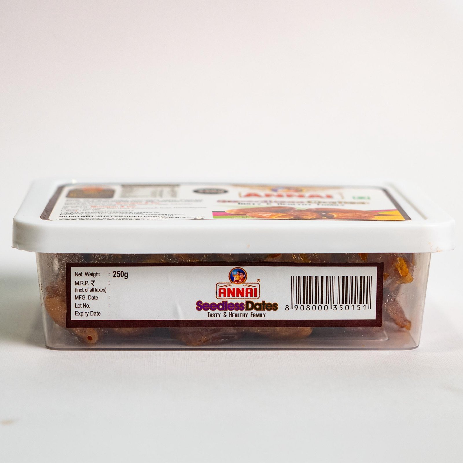 Back view of Annai Premium Seedless Wet Dates container showing product information and barcode