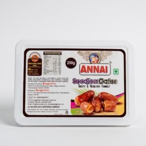 Nutritional information label of Annai Premium Seedless Wet Dates per 100g serving